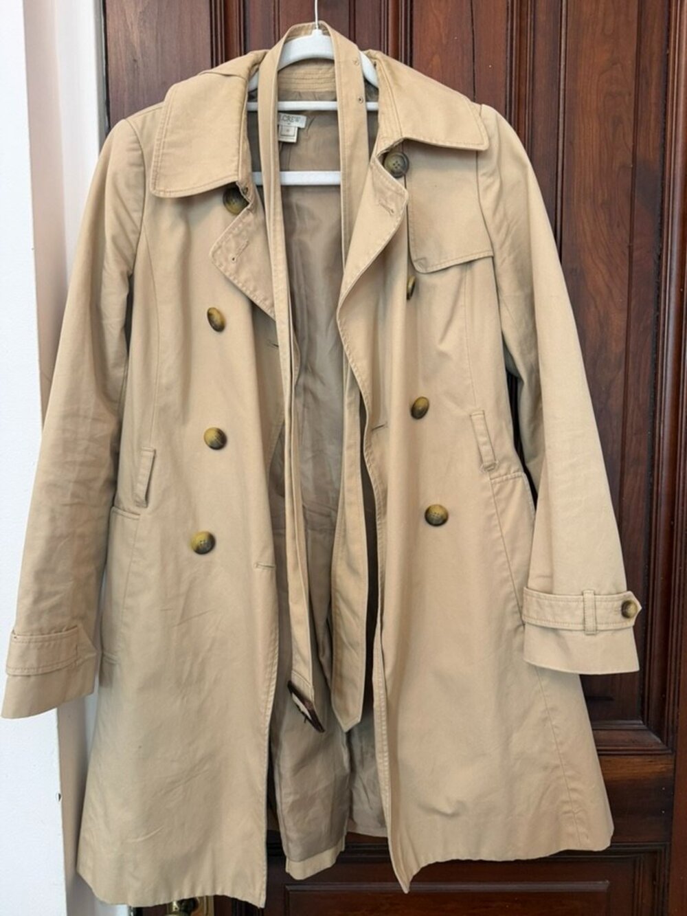 J Crew women's Tan Classic Double Breasted Trench Coat w Belt Size 0